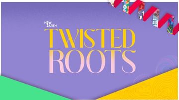 Text reads: 'New Earth's Twisted Roots'. There are patterned designs in the top right and bottom right corners which are yellow, red, blue and purple.