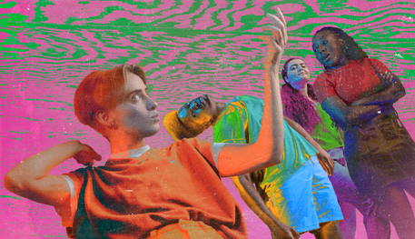 Four young people are posing or standing against a pink and green psychedelic background.