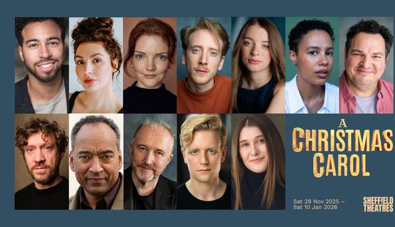 A composite image of actors’ headshots set against a dark blue background. Text reads: A CHRISTMAS CAROL