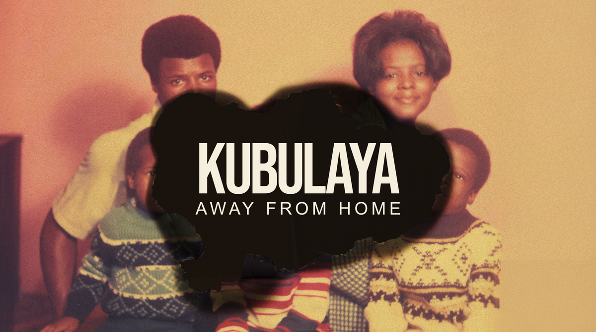 Text reads: 'Kubulaya. Away From Home.' This text is written in the centre of the image. Behind this text there is a photo of a young family, a husband, wife and three young children. The photo is aged and tinted slightly yellow. There is a burnt hole in the centre of the image where the text sits.