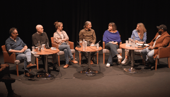 A panel of people sit a line of armchairs. They look towards the central people as the discussion happens