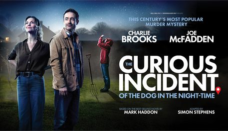 Promotional artwork for The Curious Incident of the Dog in the Night-Time. Three people in a garden under the night sky. One looks up hopefully, one looks over their shoulder in the same direction. In the background, someone wearing a red hoodie stands by a pitchfork and inspects something they hold above them.