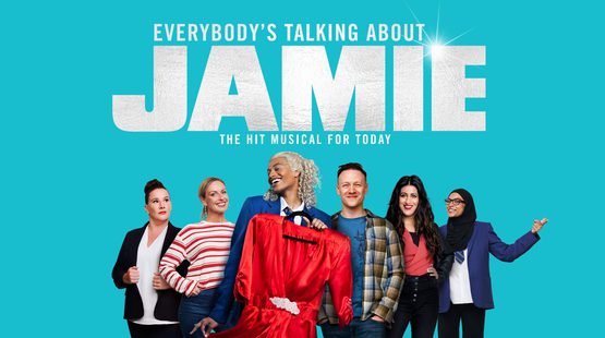 Official image of the cast of Everybody's Talking About Jamie. From left to right: Sam Baily as Miss Hedge, Rebecca McKinnis as Margaret, Ivano Turco as Jamie, Kevin Clifton as Hugo / Loco Chanelle, Sejal Keshwala as Ray and Talia Palamathanan as Pritti
