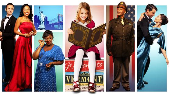 A selection of squares featuring snapshots of characters from White Christmas. Two squares show couples dressed glamorously in evening suits and dresses. One shows a woman in a spotted dress looking smug, whilst another shows a man in military uniform smiling in front of an American flag. In the centre, a child sits reading a book and smiling. An image of The Statue of Liberty and a road sign reading ‘Welcome to Vermont’ fill the remaining squares.