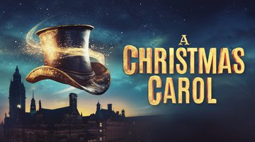 A night sky at dusk with the silhouette of Sheffield's town hall building. In the foreground, a black Victorian top hat floats, swirled with a golden sparkly light. Text reads: A CHRISTMAS CAROL