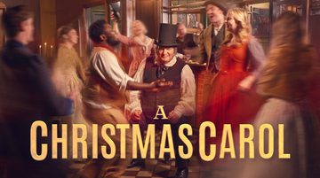 Promotional artwork for A Christmas Carol at the Crucible. Ebenezer Scrooge sits in a warmly lit Victorian pub looking directly at the camera with a roguish smile. He is surrounded by men and women of different ages celebrating, raising their drinks and dancing.