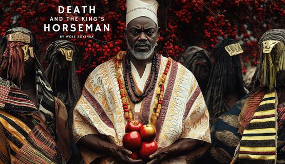A person wearing colourful linen robes stares intently ahead. They are holding a pile of shiny red apples and are surrounded by people wearing colourful African clothing. In the background, red apples hang from trees. Text reads: 'Death and the Kings Horseman. By Wole Soyinka'.