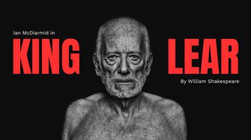 An older person with a white beard stares straight ahead. Red text reads: KING LEAR