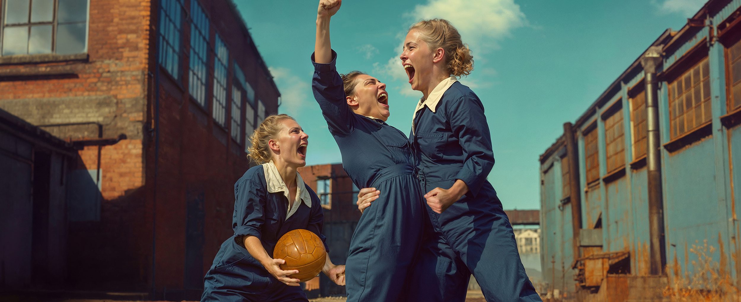 In the courtyard of a factory, three people wearing blue boilersuits scream with joy and triumph. One holds a brown leather ball, one punches the air and one grabs the other's waist. Text reads: THE LADIES FOOTBALL CLUB