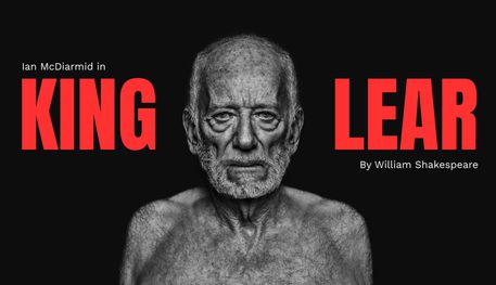 An older person with a white beard stares straight ahead. Red text reads: KING LEAR