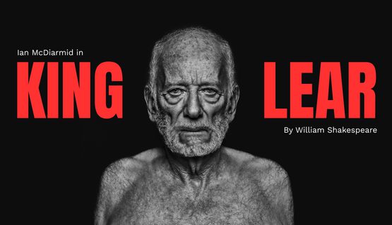 An older person with a white beard stares straight ahead. Red text reads: KING LEAR