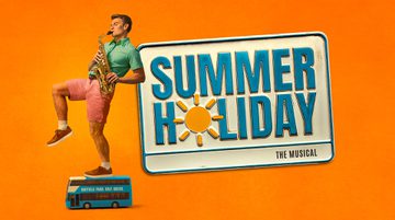 Against a warm orange background, a person wearing pastel-coloured shorts and a t-shirt plays a saxophone. They balance on one leg, standing on a miniature double decker bus. A blue and white stamped sign reads SUMMER HOLIDAY