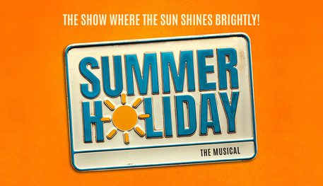 Against a warm orange background, a blue and white stamped sign stylised like a van registration plate reads SUMMER HOLIDAY with the letter O replaced with a sun icon. The tagline reads "The show where the sun shines brightly!"