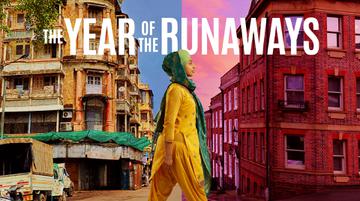 A person wearing loose yellow clothes and a green headscarf steps forward. Behind them is a bright image of India, in front is a corner of a Sheffield street. Text reads: THE YEAR OF THE RUNAWAYS
