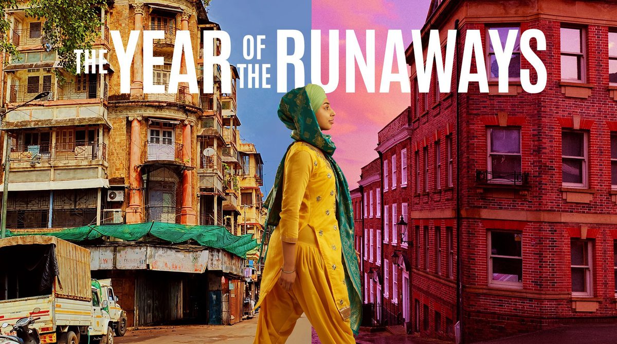 A person wearing loose yellow clothes and a green headscarf steps forward. Behind them is a bright image of India, in front is a corner of a Sheffield street. Text reads: THE YEAR OF THE RUNAWAYS