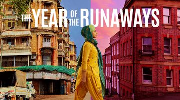 A person wearing loose yellow clothes and a green headscarf steps forward. Behind them is a bright image of India, in front is a corner of a Sheffield street. Text reads: THE YEAR OF THE RUNAWAYS