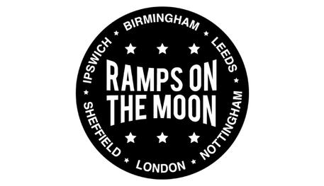 Logo for Ramps on the Moon. A black circle with white text. The Text Ramps on the Moon sits in the middle with three stars above and below. A list of locations is listed around the edge of the circle: Ipswich, Birmingham, Leeds, Nottingham, London and Sheffield.