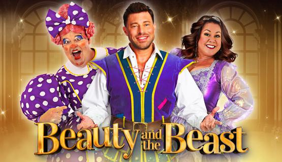 Duncan James, Damian Williams and Jennie Dale wear purple pantomime clothes and stand in front of a gold palatial background. They smile and hold their arms out. Text reads: ‘Beauty and the Beast’
