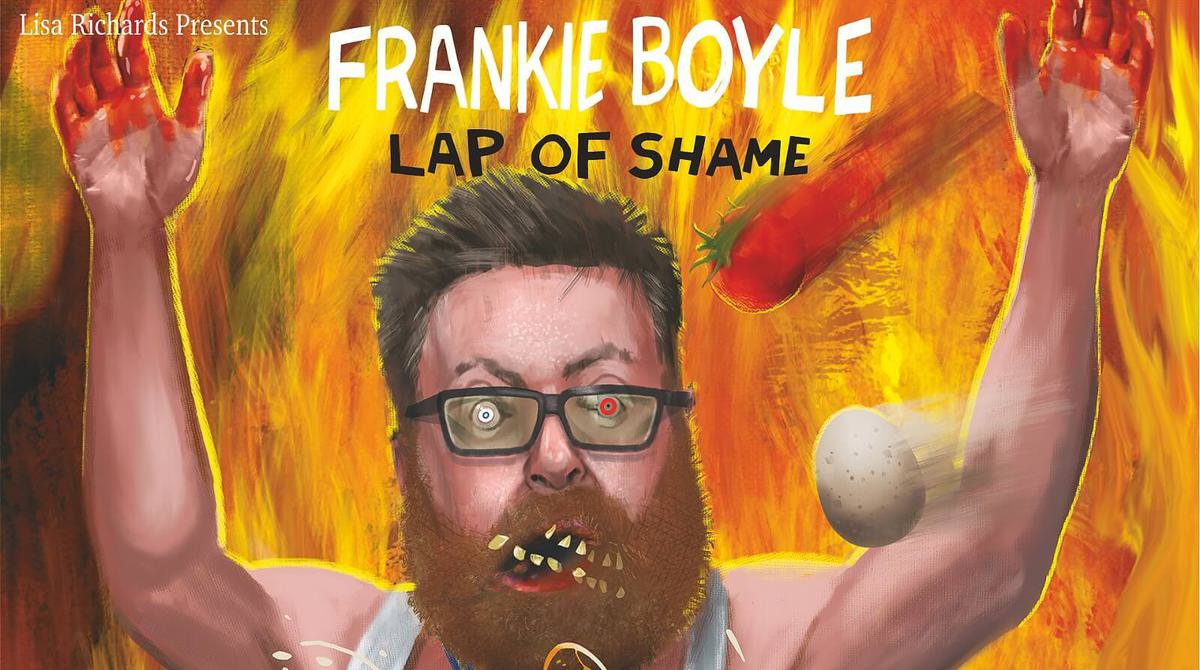Promotional illustrated image of Frankie Boyle running away from flames with his arms flailing in the air.