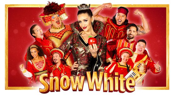 A red background framed with gold. Nine pantomime characters in red and gold vibrant costumes pose and smile. Centrally, a wicked queen holds out an apple and smiles. Text reads: SNOW WHITE
