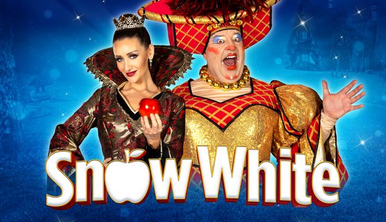A wicked queen and pantomime dame in colourful red and gold clothing pose above the words SNOW WHITE.
