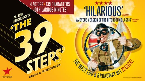 Promotional image for The 39 Steps with suave hero Richard Hannay wearing a brown suit, white scarf and aviator glasses holding a steering wheel. He is framed in a set of circles in front of a Union jack flag and gold background.