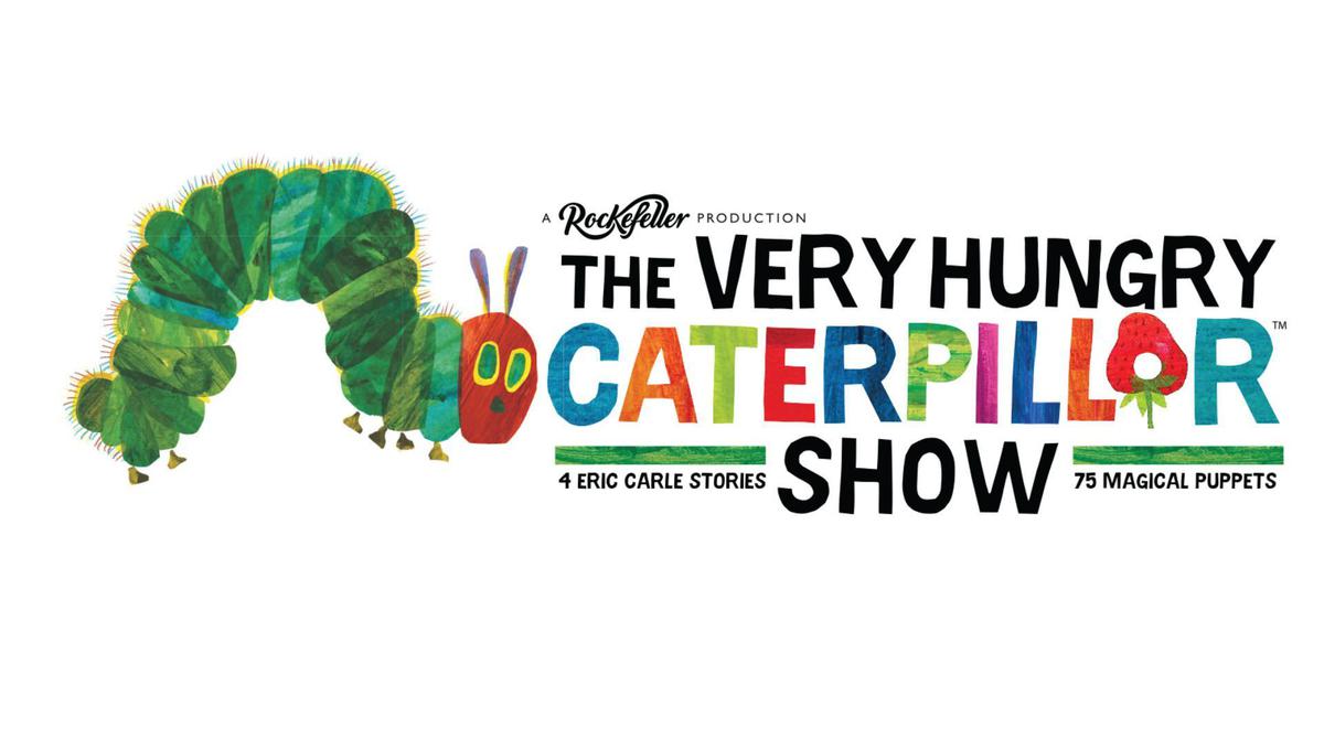 A green caterpillar with a red face sits on the left side of the image. To the right reads "THE VERY HUNGRY CATERPILLAR SHOW" "4 ERIC CARLE STORIES" "75 MAGICAL PUPPETS"