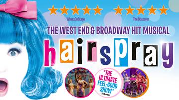 Artwork for hairspray. To the left of the image, half of the face of a girl with blue hair and a pink bow in her hair, her mouth is held open in a gasp. To the right reads FIVE STARS (WhatsOnStage), FIVE STARS (The Observer)  "THE WEST END & BROADWAY HIT MUSICAL hairspray"