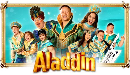 Nine people wearing blue, green and gold pantomime clothes smile above the title ALADDIN