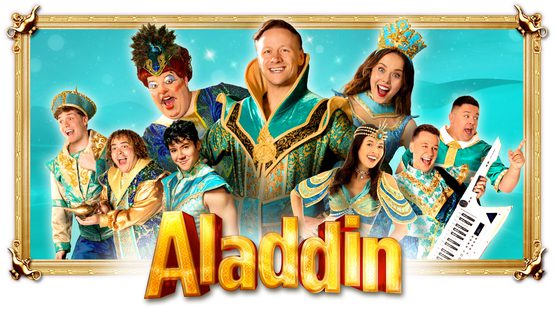 Nine people wearing blue, green and gold pantomime clothes smile above the title ALADDIN