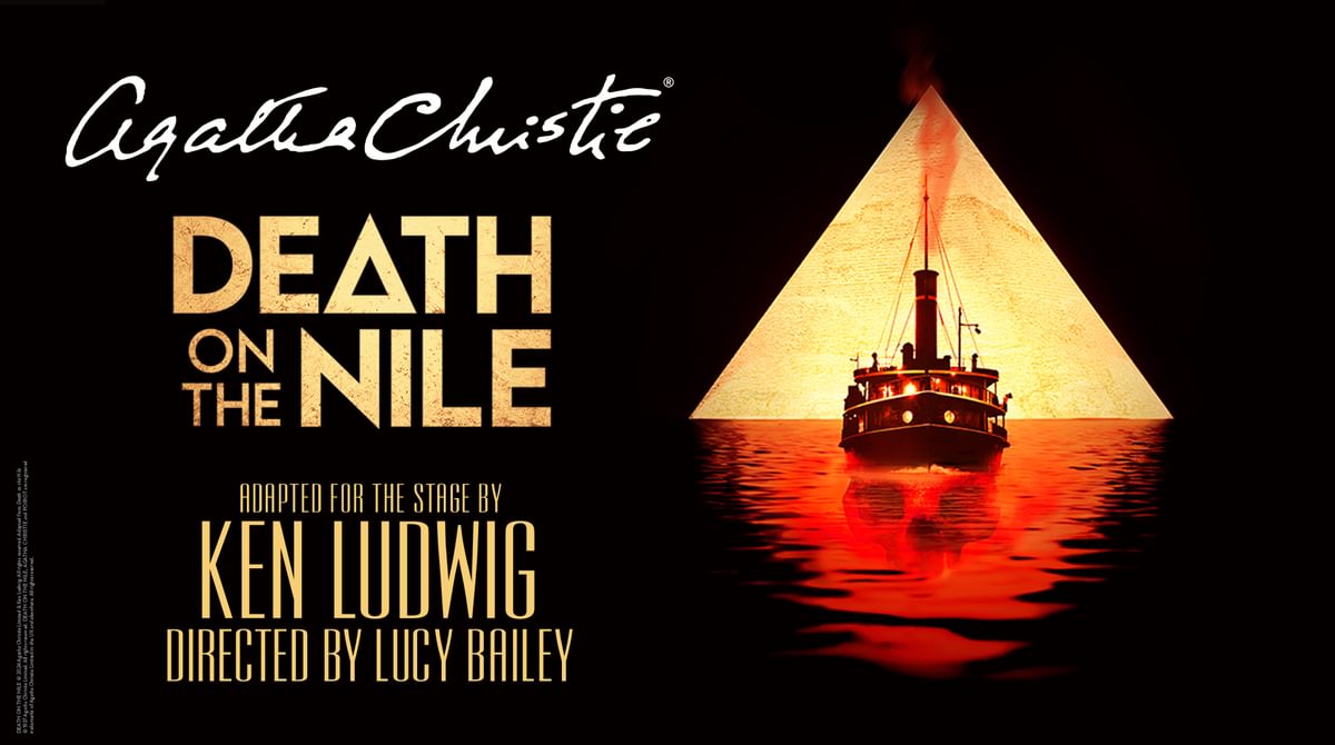 Promotional artwork for Agatha Christie's Death on the Nile. On a black background the front a steamboat is pictured in front of a pyramid on red coloured water with a skull underneath.