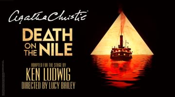 Promotional artwork for Agatha Christie's Death on the Nile. On a black background the front a steamboat is pictured in front of a pyramid on red coloured water with a skull underneath.