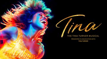 Promotional artwork for TINA - The Tina Turner Musical featuring Tina against a black background wearing a gold sparkly dress smiling widely and lit with blue and red colour spotlights. Review text reads "simply the best" and five stars from the Daily Mail.