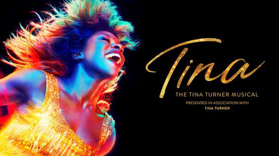 Promotional artwork for TINA - The Tina Turner Musical featuring Tina against a black background wearing a gold sparkly dress smiling widely and lit with blue and red colour spotlights. Review text reads "simply the best" and five stars from the Daily Mail.