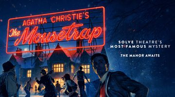 Promotional image for The Mousetrap featuring an illustration of a group of people running towards an old country manor on a cold winter evening. The text 'Agatha Christie's The Mousetrap' can be seen as a bright red neon sign attached to the roof of the manor.
