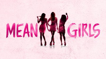 Promotional artwork for Mean Girls featuring the silhouettes of three women wearing pink dresses and high heels posing between the title Mean Girls in bold capitals and pink font placed against a light pink and white background.