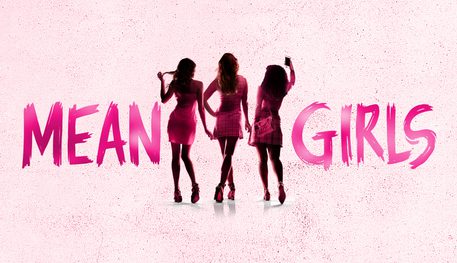 Promotional artwork for Mean Girls featuring the silhouettes of three women wearing pink dresses and high heels posing between the title Mean Girls in bold capitals and pink font placed against a light pink and white background.