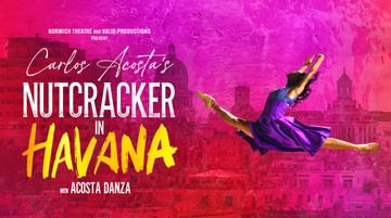 Promotional image for Carlos Acosta's Nutcracker in Havana. In front of a pink cityscape background, a female dancer jumping in the air with her legs open and arms held upward.