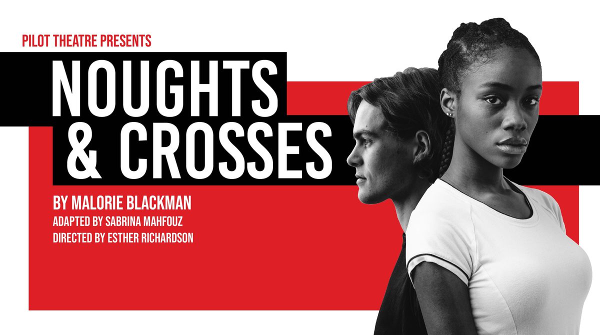 Promotional image for Noughts and Crosses featuring a young woman standing back to back with a young man against a red and white background.