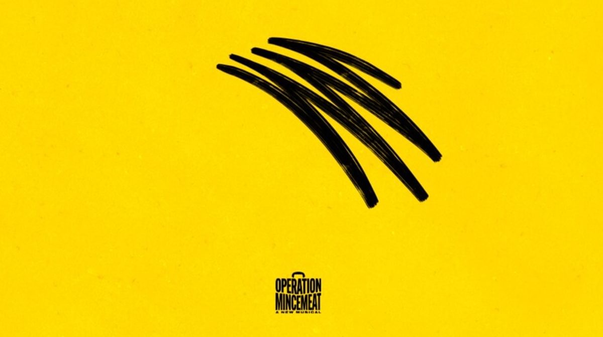 Promotional artwork for Operation Mincemeat featuring a yellow background with a black squiggle line and the show title representing an illusion of Hitler's hair and moustache.