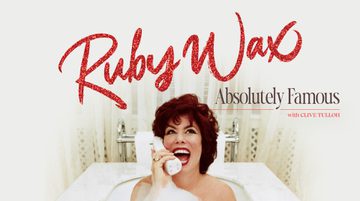 Promotional image featuring Ruby Wax smiling while laying in a bubble bath holding a white cordless landline phone.