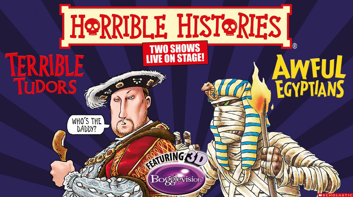 Promotional image for Horrible Histories featuring cartoon illustrations of Henry VIII and a mummified Pharaoh.
