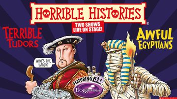 Promotional image for Horrible Histories featuring cartoon illustrations of Henry VIII and a mummified Pharaoh.