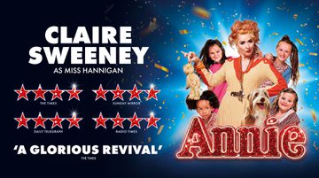 Promotional image for Annie featuring Claire Sweeney as Miss Hannigan holding a teddy bear by its ear and surrounded by four young girls and a dog.