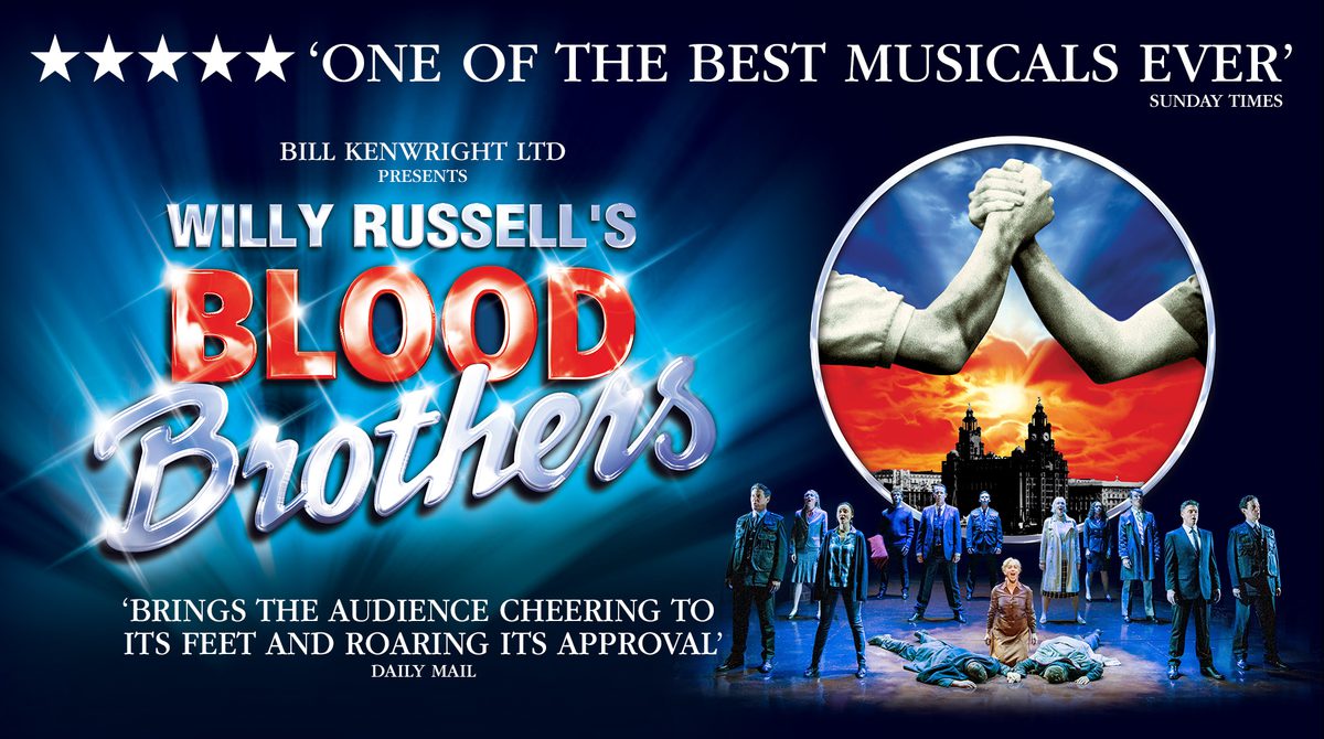 Promotional image for Blood Brothers featuring a city sky line and the brothers holding hands as if in an arm wrestle. Below this a production shot shows Mrs Johnstone crouched next to her son's singing Tell Me It's Not True.