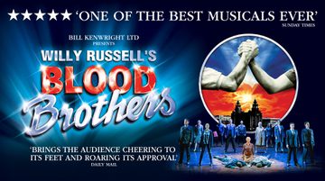 Promotional image for Blood Brothers featuring a city sky line and the brothers holding hands as if in an arm wrestle. Below this a production shot shows Mrs Johnstone crouched next to her son's singing Tell Me It's Not True.