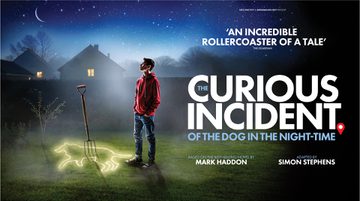 Promotional image for The Curious Incident of the Dog in the Night-Time featuring the illustration of a teenage boy in a garden at night. He is stood over the glowing outline of dog. In the middle of this, a fork tool has been stuck in the ground.
