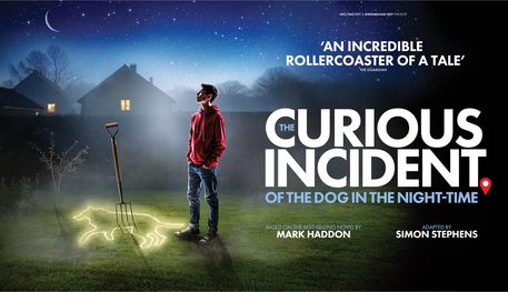 Promotional image for The Curious Incident of the Dog in the Night-Time featuring the illustration of a teenage boy in a garden at night. He is stood over the glowing outline of dog. In the middle of this, a fork tool has been stuck in the ground.