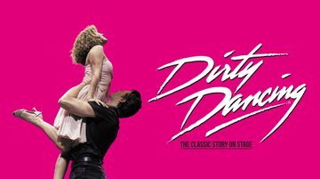Dirty Dancing promotional image with the film's classic logo on a pink background and Baby and Johnny captured during the iconic lift sequence.