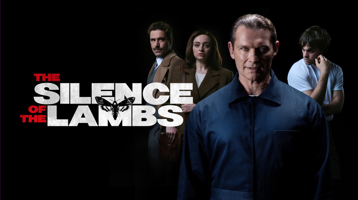 The cast of The Silence of the Lambs. From left to right: Oliver Farnworth as Agent Jack Crawford, Mollie Gallagher as Clarice Starling, John Partridge as Hannibal Lecter and Sam Jackson as Buffalo Bill.